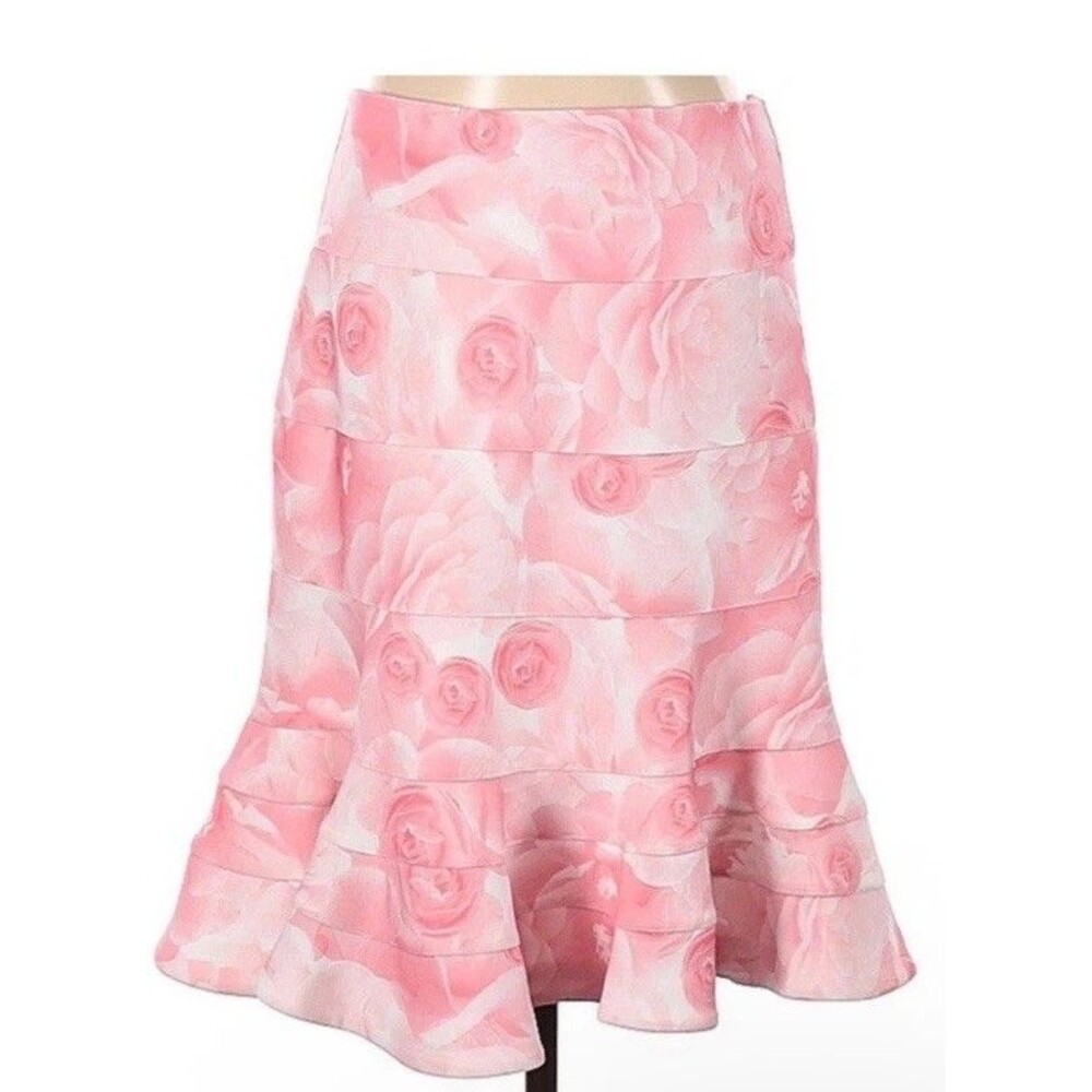 Floral Knee Length Skirt Pink Roses Ruffles Layered Romantic Coquette Femenine